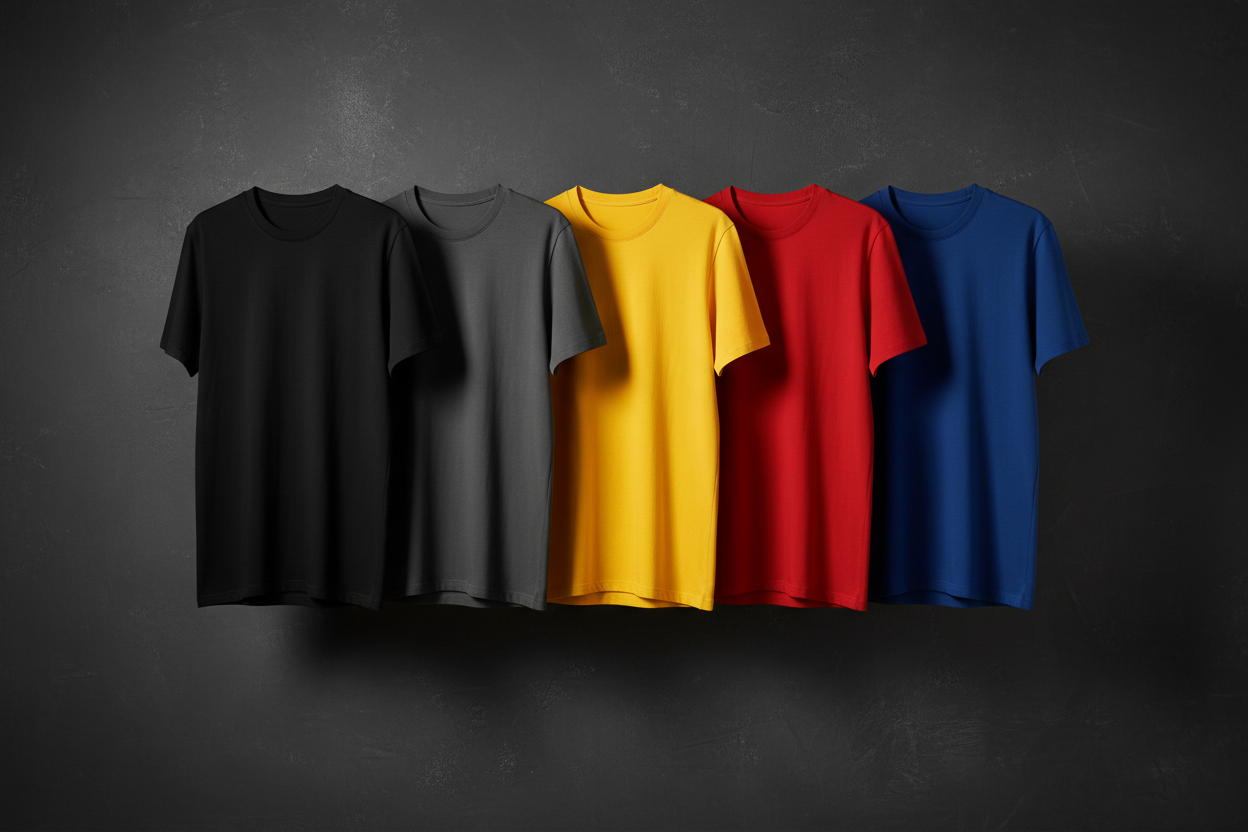 A row of five plain crew-neck t-shirts displayed against a dark textured background. The t-shirts are neatly arranged side by side in the following colors from left to right: black, dark gray, bright yellow, vibrant red and royal blue. Each t-shirt is well-lit with soft studio lighting, creating subtle shadows and highlights that emphasize the fabric texture. The overall composition is clean, modern and minimalist, with a focus on the vivid colors of the shirts against the dark backdrop.